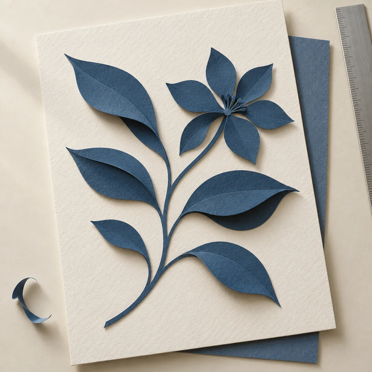 A sculptural blue paper flower and leaves on layered cream cardstock, beside a metal craft ruler.